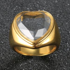 Bague de luxe en cristal Zircon pour femmes, tendance, cœur Transparent, or jaune 14k, bijoux de mariage, cadeau de fête pour amoureux, strass, 2024