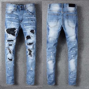 Trendamiri 563 High Street Brand Trendy Broken Hole Patch Diamond Membedding Jeans New Elastic Slim Fit Leggings