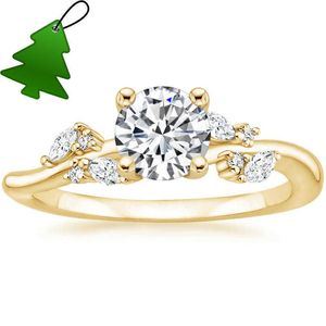 Trendy 14K/18K gele vaste gouden moissanietringbladeren Ring kleine edelstenen sierlijke verloving wietring