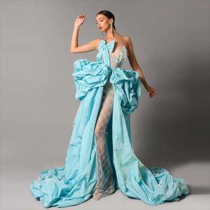 Trendy 2021 Sky Blue Robes Long Ruched Satijnen avondjurken Sexy Spaghetti -band Zie door kanten prom -jurken op maat gemaakt casual