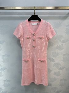 Trendy 2024 Spring/zomer designer jurk roze pailletten kleine geurige korte mouw gebreide jurk korte rok