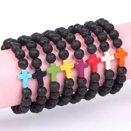 Trendy 8mm Black Lava Stone Turquoise Bead Cross Strands Pulsera Difusor de aceite esencial Granos volcánicos Pulsera para mujeres Hombres Joyería al por mayor