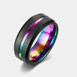 Trendy 8mm mannen zwart geborsteld wolfraam trouwring regenboog groef afgeschuinde rand roestvrij stalen verlovingssieraden voor mannen237c