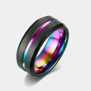 Bague de mariage en tungstène brossé noir pour hommes, 8mm, rainure arc-en-ciel, bord biseauté, bijoux de fiançailles en acier inoxydable pour Men265q