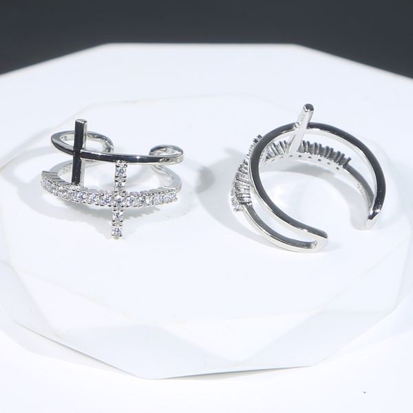 Bague double croix en argent sterling 925 à la mode, taille réglable, ouverte, de haute qualité, pavée de zircon cubique, hip hop, pour femmes, bijoux de mariage, vente en gros