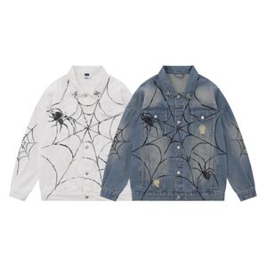 Trendy herfst handgetekende spider pin denim jack voor heren retro losse single-breasted jas