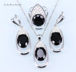 Moderno gran piedra negra, diamantes de imitación blancos, plata redonda enorme 925, juegos de joyas para mujer, pendientes colgantes, collar, anillo 207E1114694