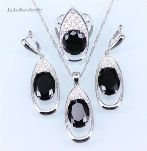 Trendy Big Black Stone White Rhinestone enorme ronde zilveren 925 sieraden sets voor vrouwen drop oorbellen hang ketting Ring207E2210606