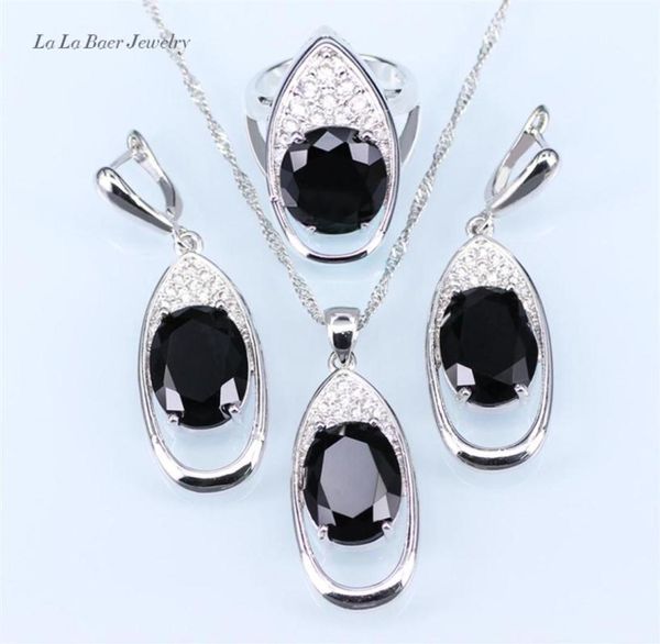 Big Big Black Stone White White Rhingestone Énormes ensembles de bijoux Round Silver 925 pour femmes Boucles d'oreilles Collier Pendant Ring207E7545010