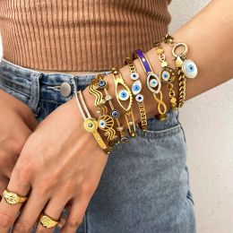 Brazaletes de oro amarillo de 14k con diseño de mal de ojo bohemio a la moda, pulseras para mujer, abalorios clásicos Vintage, accesorios de amistad con circonita colorida