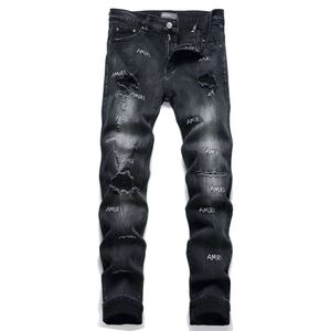 AM Fashion – pantalon en Denim pour hommes, coupe cintrée, élastique, noir, perforé, lettres brodées, petite jambe droite, tendance