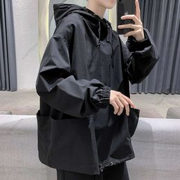 Trendy merk donkere heren hoodie effen kleur dunne Koreaanse losse top herenstijl functionele bovenkleding met capuchon