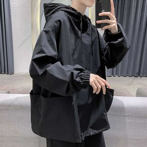 Trendy merk donkere heren hoodie effen kleur dunne Koreaanse losse top herenstijl functionele bovenkleding met capuchon