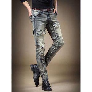 Trendy Brand Distressed Jeans, Slim Fit voor heren, noodlijdende kleine voeten, gepersonaliseerde trend splitsen motorfiets denim broek