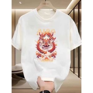 Trendy gloednieuwe heren met korte mouwen t-shirt slanke fit trend ronde nek 2024 Benmingnische drakenprint bloem half mouwen top