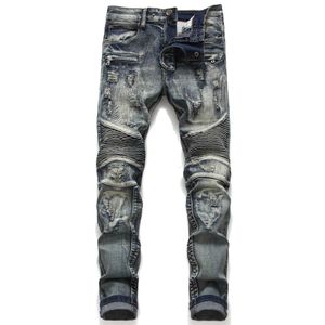 Pantalon de marque tendance avec trous froissés et déchirés élastique petit tube droit taille moyenne jean moto homme
