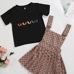Trendy hemdje-vestjurk met korte mouwen van het merk, tweedelige set voor meisjes en baby's, westerse set, prinsesstijl, Koreaanse versie, modieuze jurk