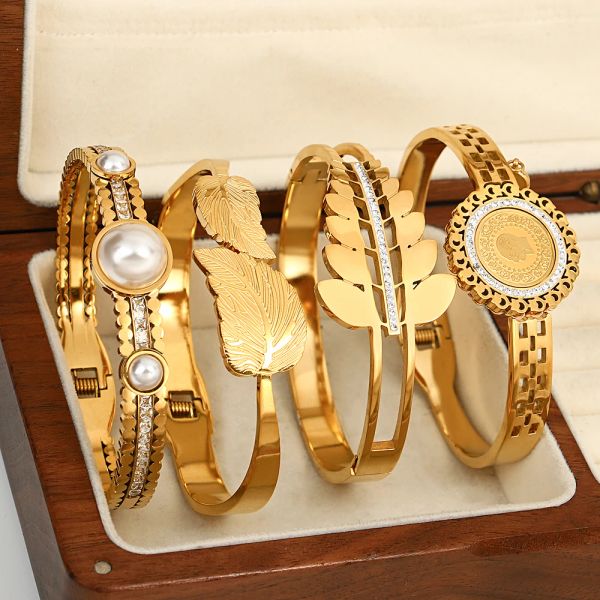 Brazaletes de oro amarillo de 14k elegantes a la moda, pulseras para mujer, corazón, moneda, hoja de circón, joyería geométrica de moda