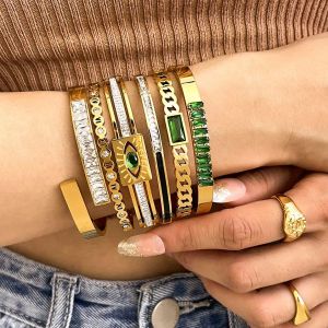 Trendy chique groene zirkoon 14k geel gouden armbanden voor dames charme textuur eenvoudige gouden accessoires