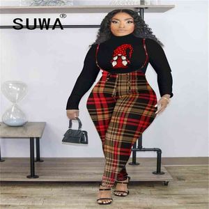 À la mode Chic Plaid Survêtement Femmes Ensembles Automne Hiver Vêtements Pull Top Tunique Spaghetti Strap Combinaison Barboteuses Streetwear 210525