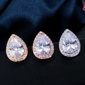 Trendy Classic Design Pure White Cubic Zirkonia Peer Drop Crystal 585 Rose Gold Stud Oorbellen voor Dames CZ156 210714