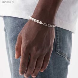 Bracelet de perles d'imitation classique à la mode Men 8 mm Perle à moitié acier inoxydable Bracelet de chaîne cubaine pour hommes bijoux Gift L230704
