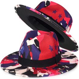 Trendy kleurrijke trendy fedora hoed wijd vilt hoed jurk Panama Two Tone Men Women Special Style with Black Chain 240528