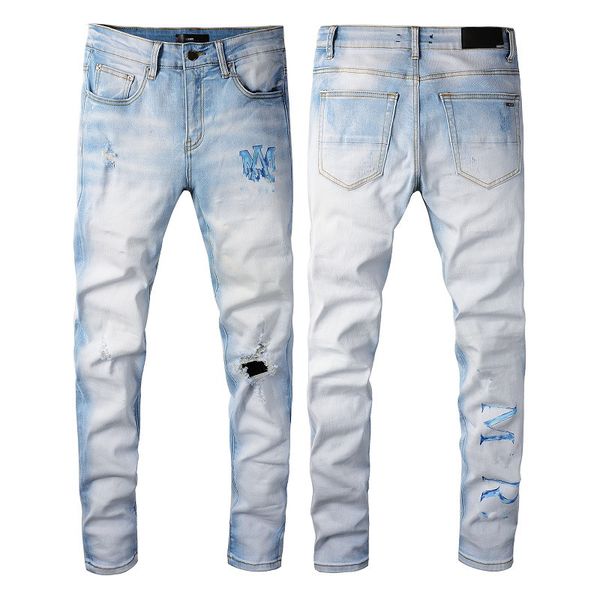 Moda estampado de cruces lavado desgastado pie pequeño Rip Slim Fit pantalones ajustados para hombres parche para usar ciclismo elástico AMIRS Hole Jeans Neutral