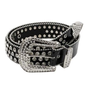 Courte en cuir en ramine en cristal à la mode pour femmes Luxury Silver Bead Cowgirl Cowboy Strass BLING CEINTUR STRAP