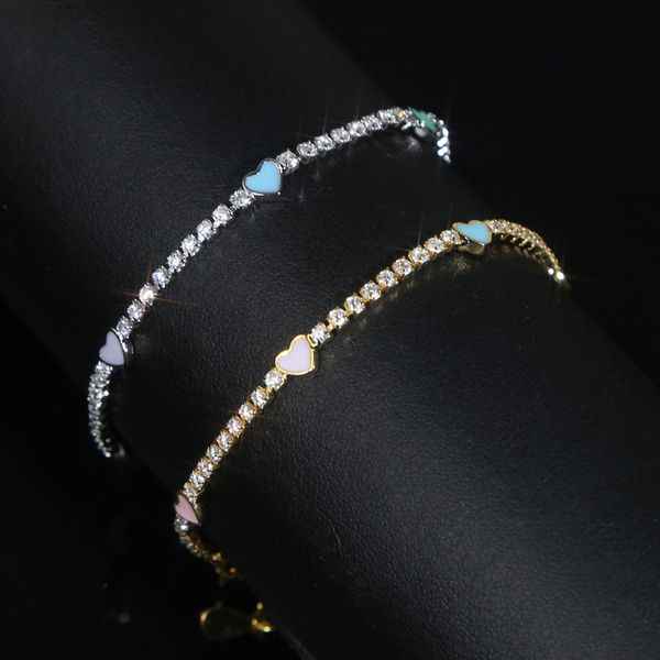 Tendance Délicat Mince Couleur Arc-En-Ciel Émail Mini Coeur Amour Tennis Chaîne Bracelet Élégant Bracelet Hip Hop Pavé Zircone Cubique Femmes Cadeau De Fête En Gros Bijoux