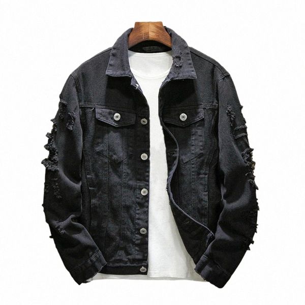 Veste en jean à la mode Cool Men Jacket Ripped Hole Loose Single Breasted Denim Jacket Daily Wear D1Xc #