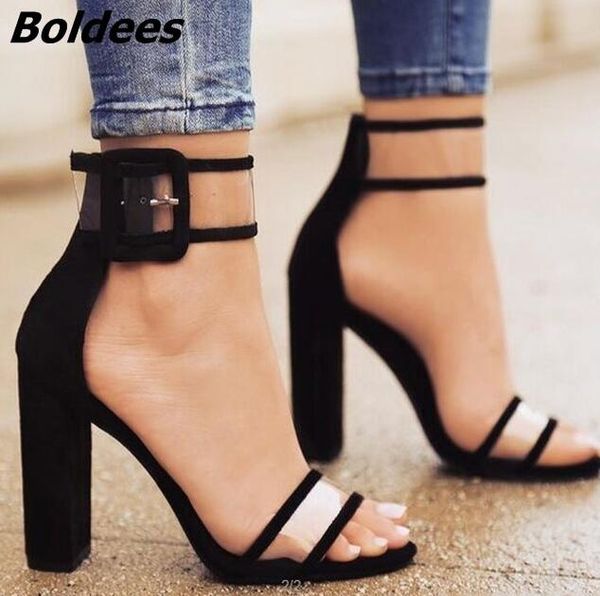 Sandales en daim noir pour femmes, chaussures de styliste à une ligne, Style ceinture, talons épais, Sexy, bout ouvert, bande en PVC transparent, chaussures habillées