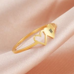 À la mode Double coeurs lettre initiale anneaux pour femmes bijoux en acier inoxydable couleur or bagues Couple amis cadeau de mariage