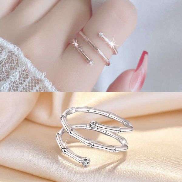 Anillo de eslabones de bambú de doble capa para mujer, microconjunto de personalidad a la moda, anillo de ajuste de apertura de diamantes de imitación (versión coreana)