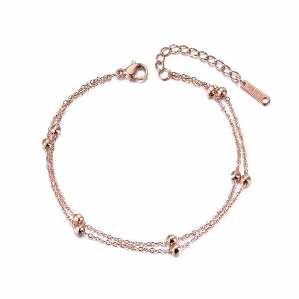 À la mode Double couches perles rondes Bracelet à breloques bijoux or Rose titane acier chaîne lien femmes ID Bracelet