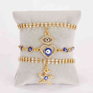 Trendy Evil Eye Bracelet 14K Plaqué Or Zircon CZ Main Charme Bracelet Bleu Marine Perles Yeux Bracelets pour Fille Femmes H220418