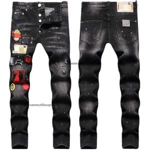 Trendy modieuze meerdere gaten en badges geborduurd met zwarte verf, elastische slim fit jeans voor heren
