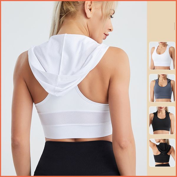 Camisetas sin mangas con capucha para correr y Fitness de moda para mujer, gimnasio, Yoga, deportes de secado rápido, sin mangas, chaleco con almohadilla para el pecho incorporada, camiseta 20W104