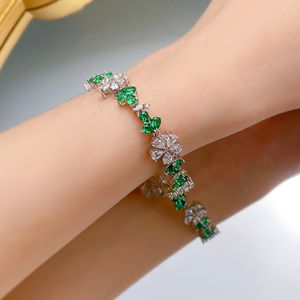 Trendy Bloem Emerald Diamond Bangle Armband 100% Echt 925 Sterling zilveren Bruiloft Armbanden Voor Vrouwen Mannen Verlovingssieraden