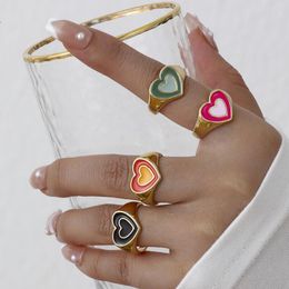 Trendy geometrische dubbellaagse kleurrijke liefdeshartringen voor damesmode Y2K gouden dikke emaille vingerringen sieraden