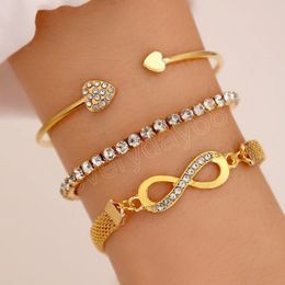 Trendy Geometrische Link Chain Armband Set Voor Vrouwen Strass Goud Kleur Acht Hart Open Manchet Bangle Meisjes Sieraden