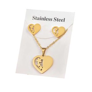 Trendy goud kleur geometrische liefde hart vorm hanger ketting oorbellen sets roestvrij staal voor vrouwen cadeau