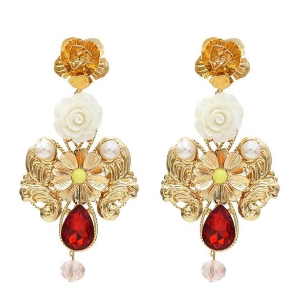 À la mode or métal fleur goutte boucles d'oreilles pour les femmes mariée Style baroque perle rouge bleu cristal boucle d'oreille fête de mariage Gift247S