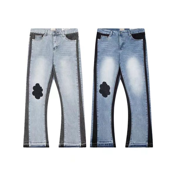 Trendy High Street Mens Fashion Designer Jeans Bleu Denim Pantalon évasé Pantalon Jeunesse Rivet Imprimer Patch Blanc Jean Broderie Garçons Kecks