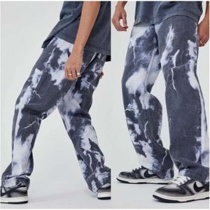 Pantalon en Denim imprimé Tie Dye pour hommes, tendance, style Hip Hop, jambes larges et droites, pour papa