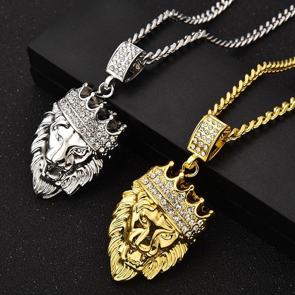 Tendance Hip Hop Couronne Tête De Lion Pendentif Colliers Accessoires Hommes Femmes Punk Bijoux 76cm Chaînes longueur Cubique Zircone Pierre Or Argent