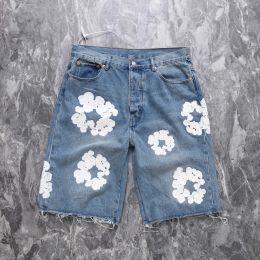 Trendy hiphop High Street American Denim Shorts Losse passende versleten gewassen wit geborduurd