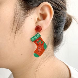 Boucles d'oreilles bijoux de vacances à la mode accessoires de voyage Chaussettes de Noël rouges scintillantes et arbre de Noël vert scintillant avec goutte de cadeau Boucles d'oreilles en acrylique pour femmes 1 paires