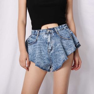 Trendy Hot Pants 2024 Zomer Nieuw gepersonaliseerde gesneden blauw gewassen onregelmatige ultra korte jeans voor vrouwen