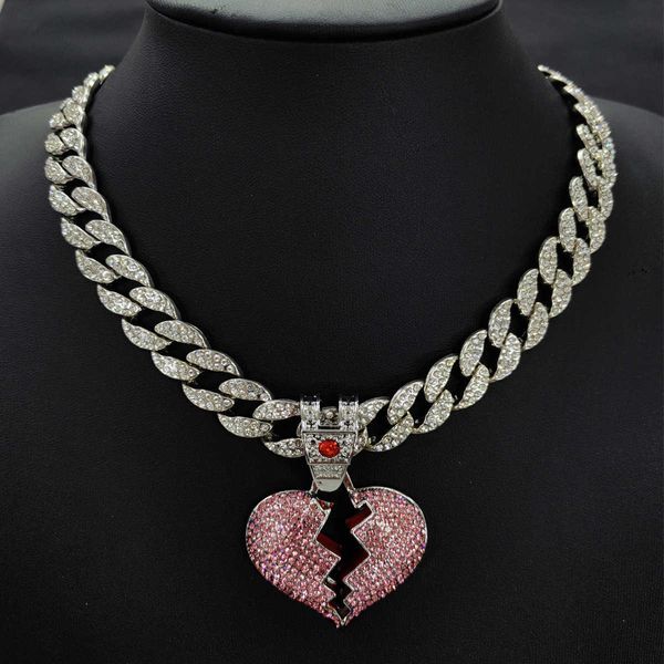 À la mode Ins plein diamant rose coeur brisé peinture huile pendentif collier mode amour bijoux unisexe 230628